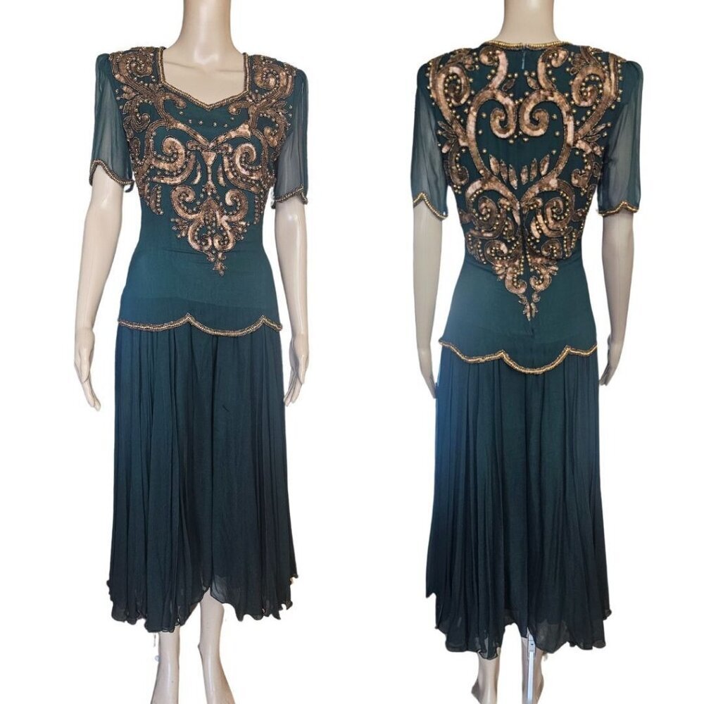 Lady Monica Silk Beaded Vintage Modest Evening Gown Small